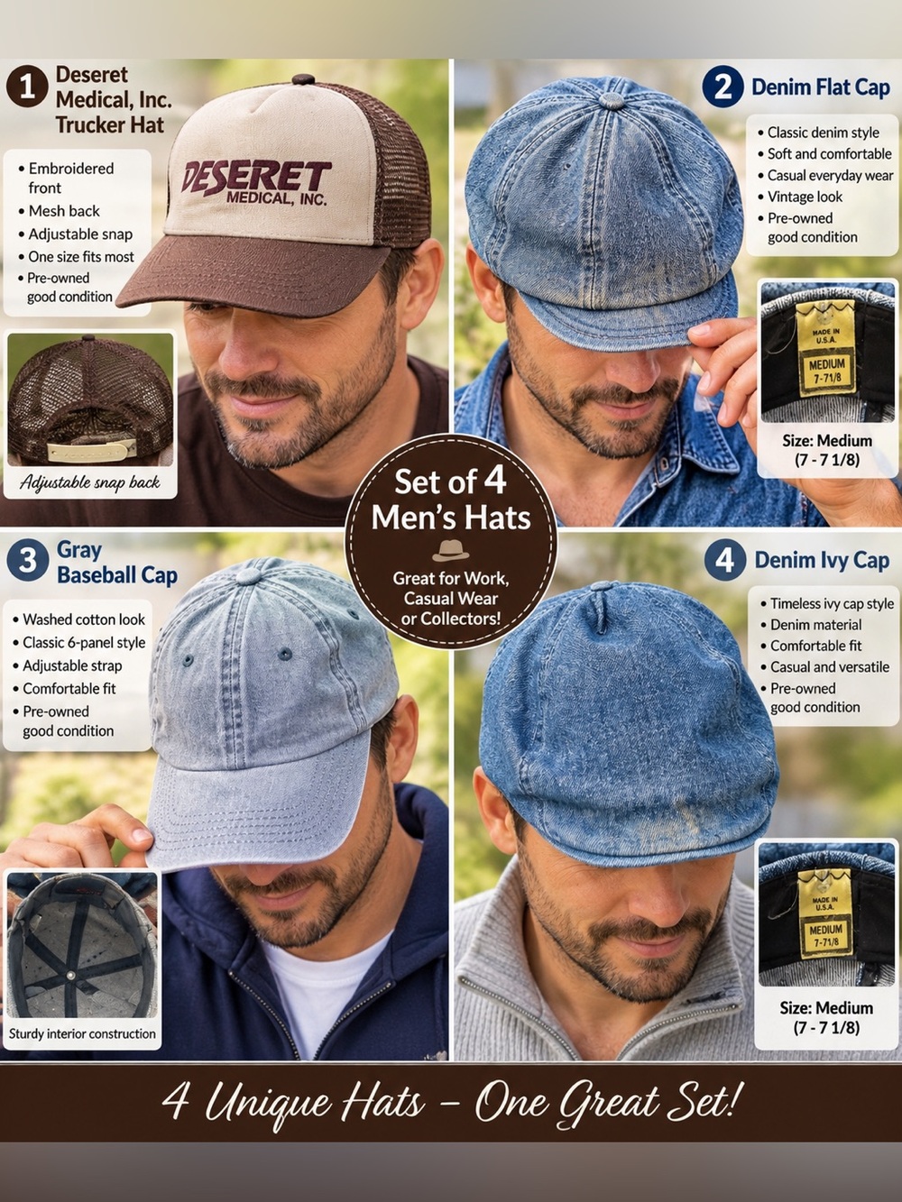 4 pars Breathable 2-Tone Brown Mesh Trucker Cap-& 3 jeans caps for Men-used